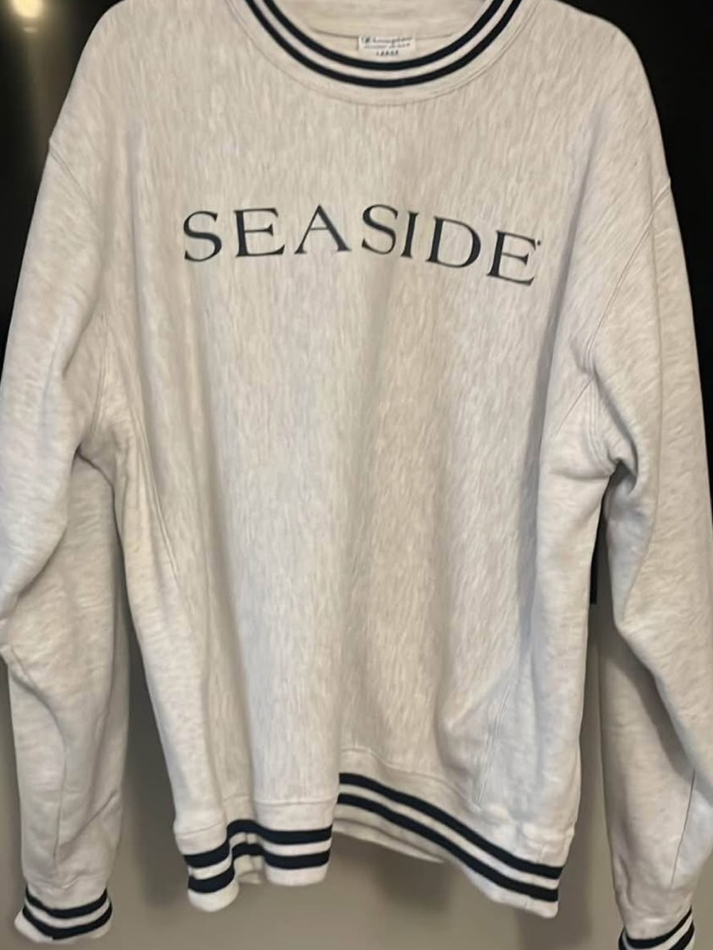 Champion White Crewneck Sweatshirt with Navy Trim - SEASIDE